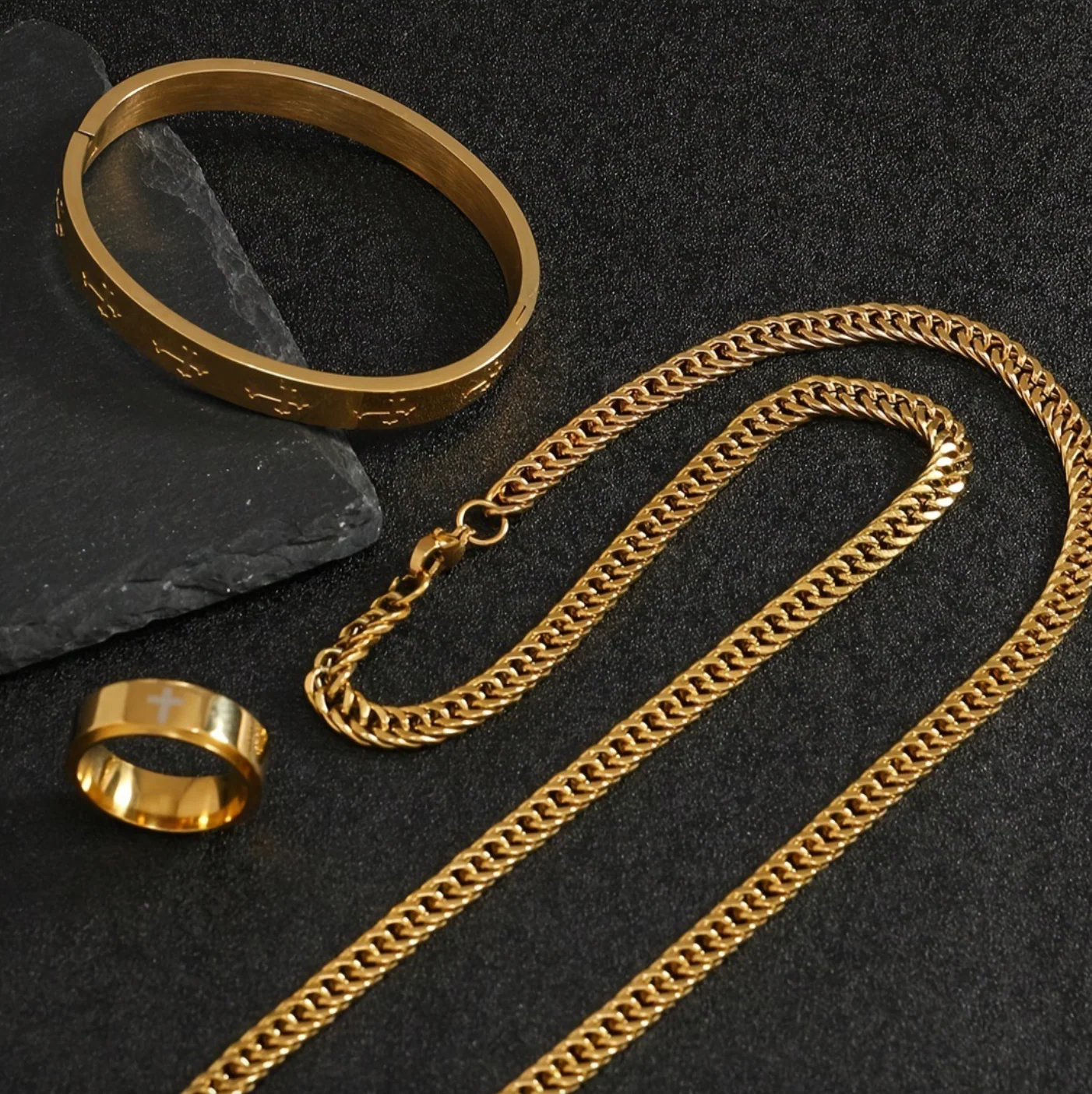 Grillz Boss Glory Gold Cuban Chain Cross Bangle and Cross Ring Bundle - Image 3