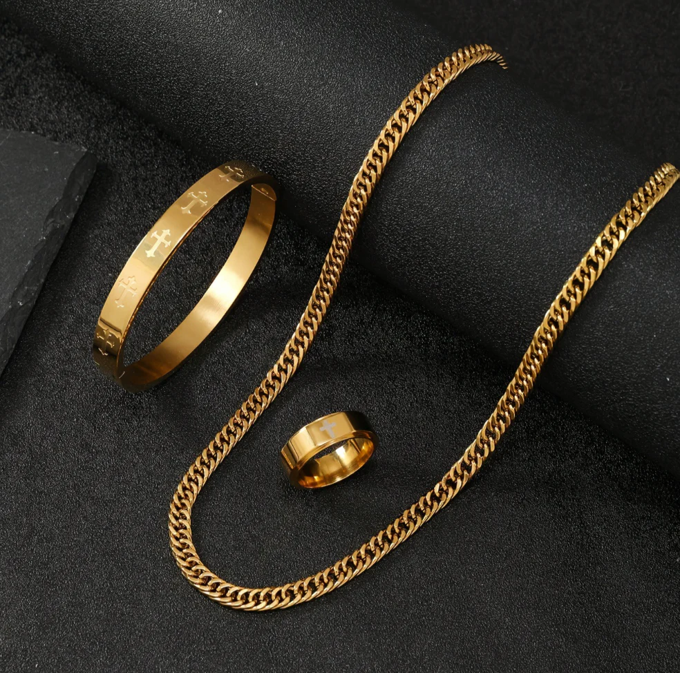 Grillz Boss Glory Gold Cuban Chain Cross Bangle and Cross Ring Bundle - Image 5