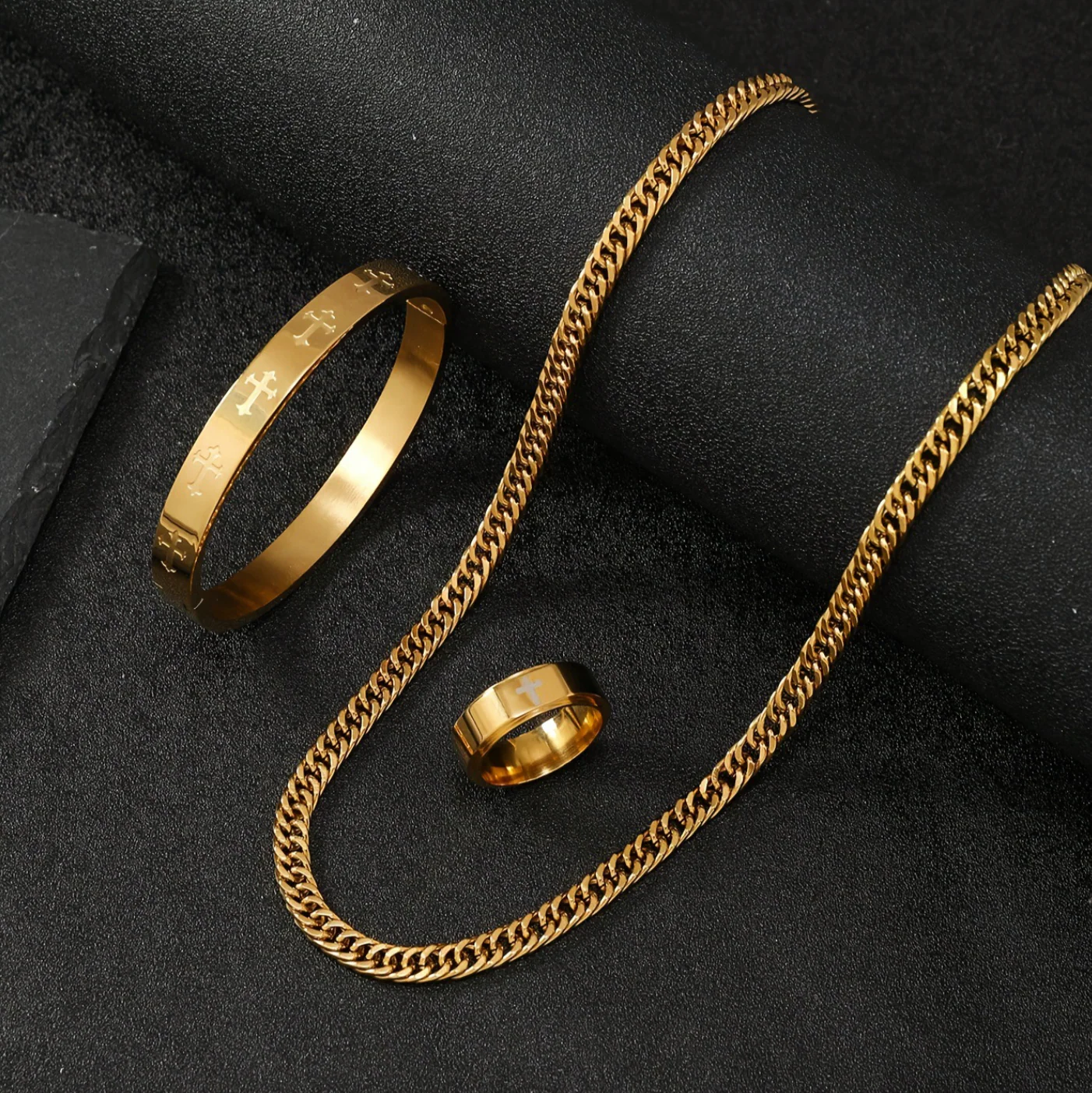 Grillz Boss Glory Gold Cuban Chain Cross Bangle and Cross Ring Bundle - Image 7