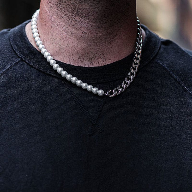 Half Pearl and Steel 10mm Miami Cuban Chain Necklace - Image 5
