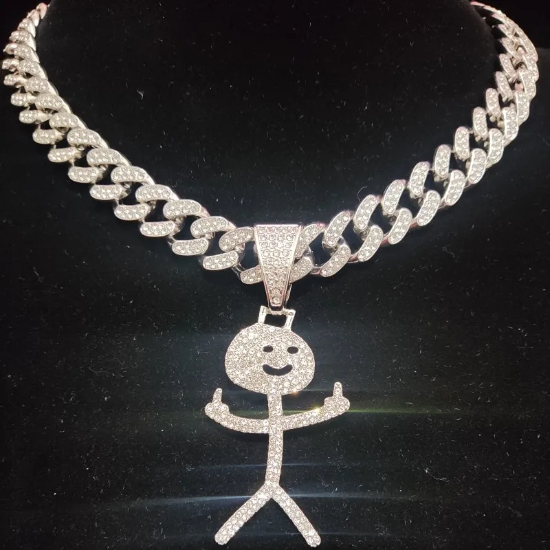 Iced Out Stickman Middle Finger Cuban Necklace - Funny Hip-Hop Pendant - Image 2