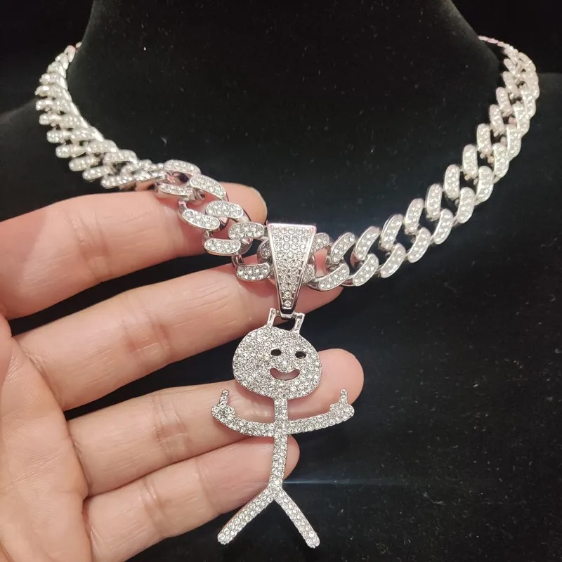 Iced Out Stickman Middle Finger Cuban Necklace - Funny Hip-Hop Pendant - Image 3