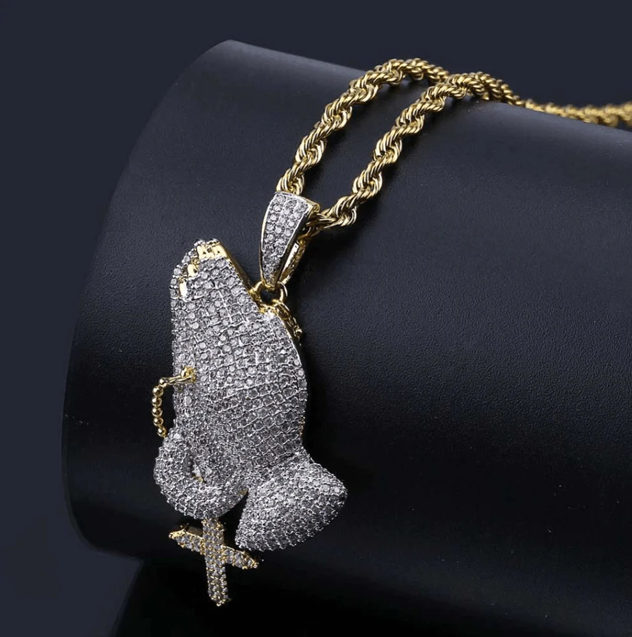 Iced Praying Hands Cross Pendant Chain