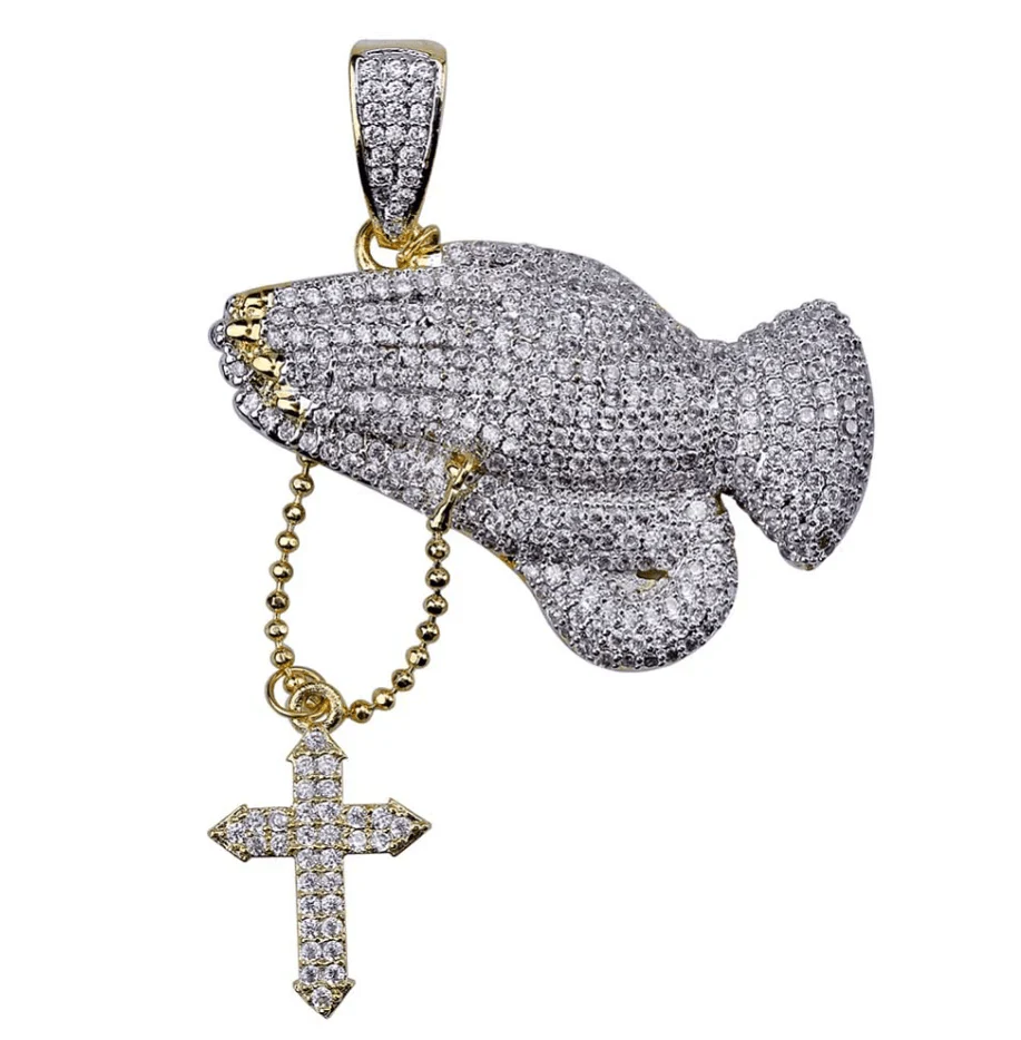 Iced Praying Hands Cross Pendant Chain - Image 2