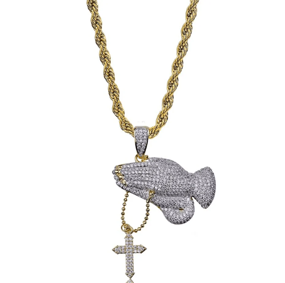 Iced Praying Hands Cross Pendant Chain - Image 3