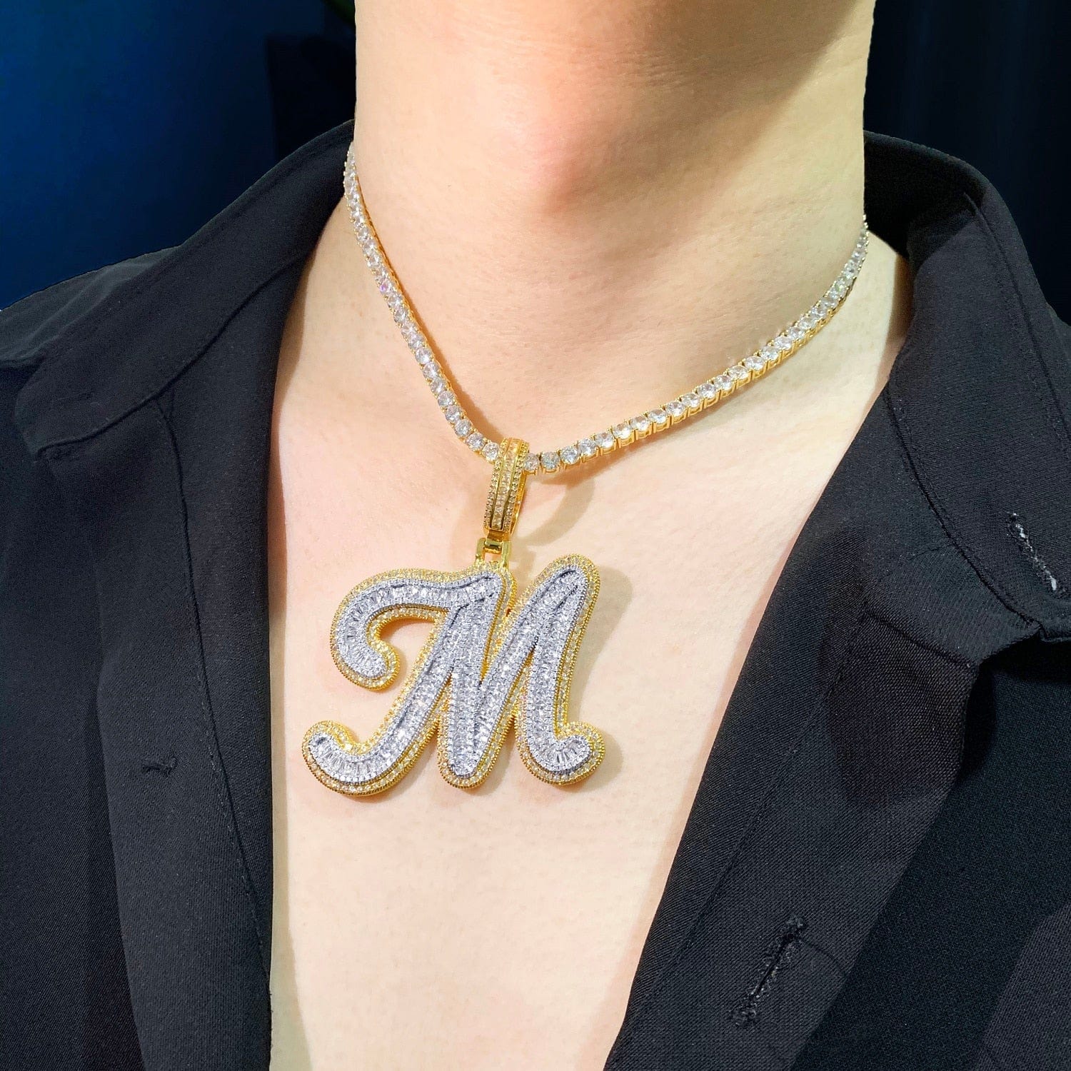 Icy Custom Big Initial Cursive Letter Pendant - Image 5