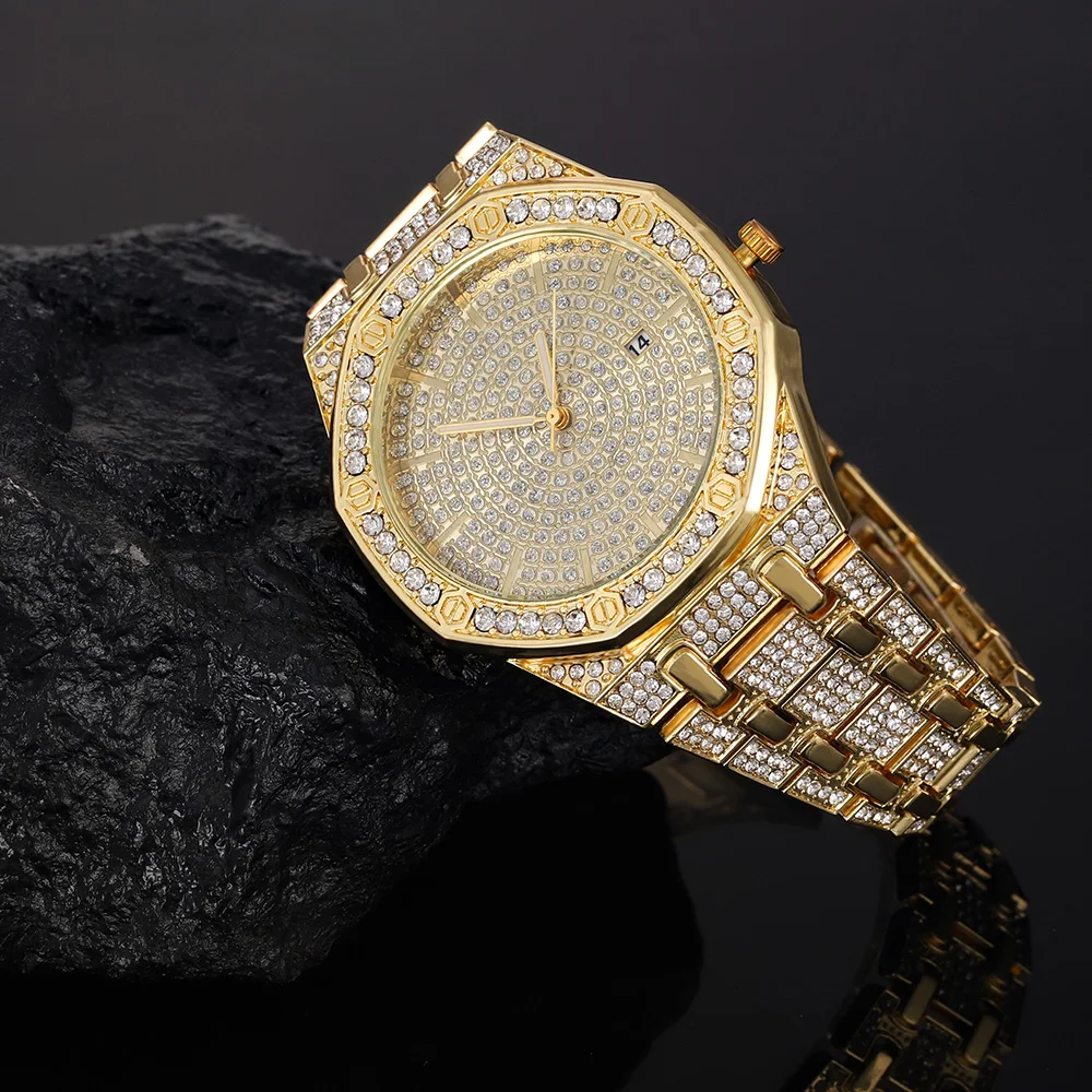 "King Frost" Iced Out Men’s Gold Watch and Miami Cuban Bracelet Luxury Bundle - Image 10