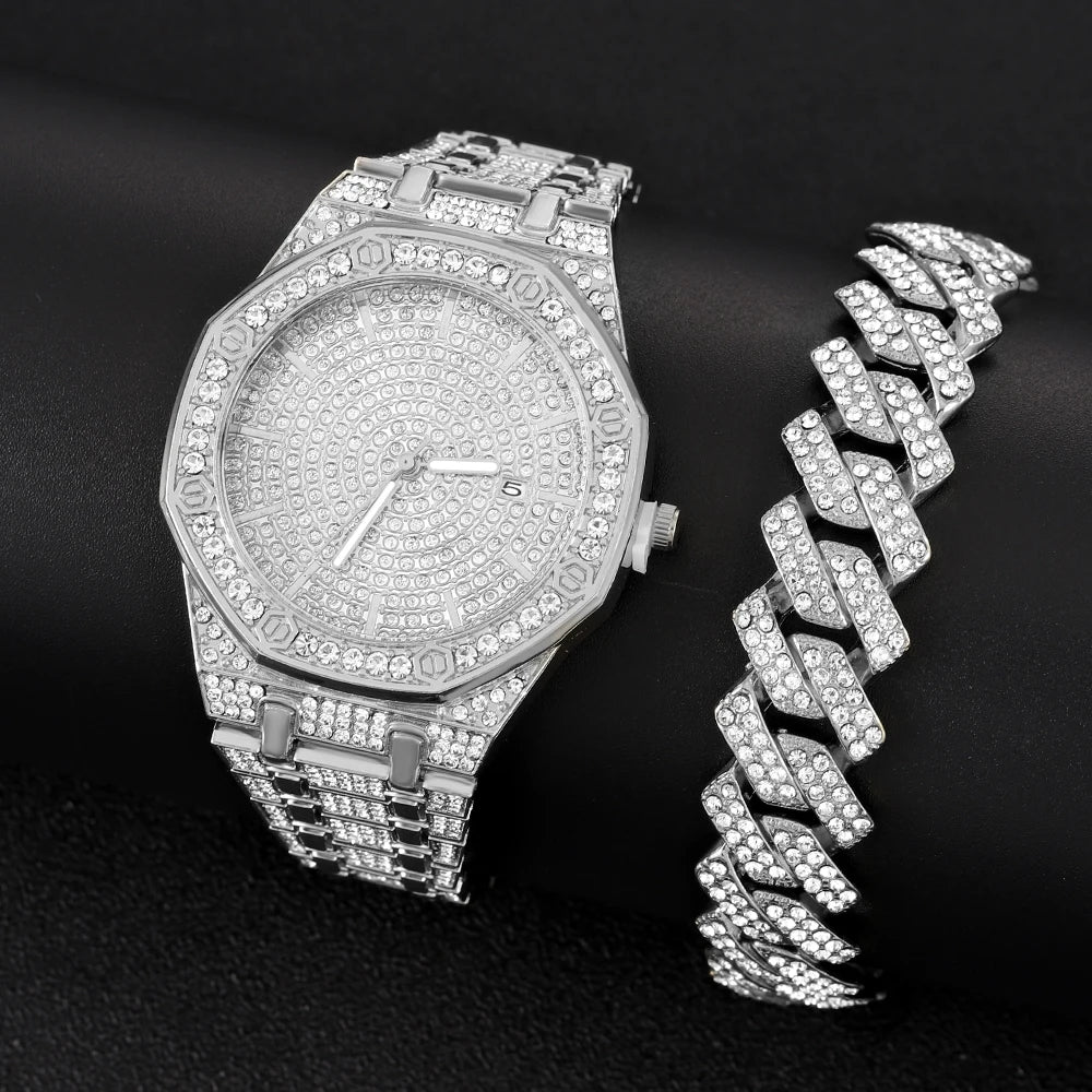 "King Frost" Iced Out Men’s Gold Watch and Miami Cuban Bracelet Luxury Bundle - Image 3