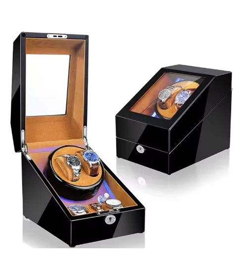 Luxury Walnut Wood 2+3 Watch Winder with Lock, LED Lights & Extra Storage - Image 3