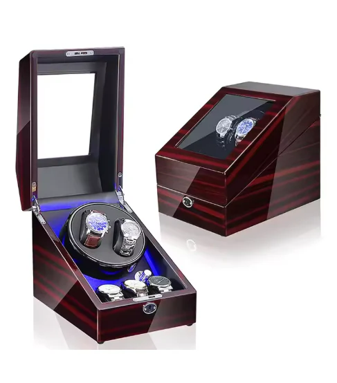 Luxury Walnut Wood 2+3 Watch Winder with Lock, LED Lights & Extra Storage - Image 4