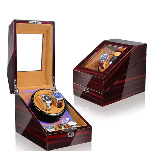 Luxury Walnut Wood 2+3 Watch Winder with Lock, LED Lights & Extra Storage - Image 5