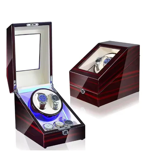Luxury Walnut Wood 2+3 Watch Winder with Lock, LED Lights & Extra Storage - Image 6