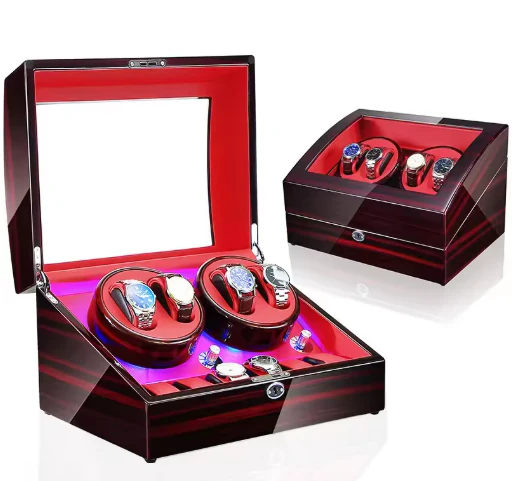 Luxury Walnut Wood 4 + 6 Watch Winder with Extra Storage and LED Lights - Image 3