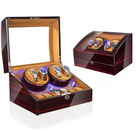 Luxury Walnut Wood 4 + 6 Watch Winder with Extra Storage and LED Lights - Image 4