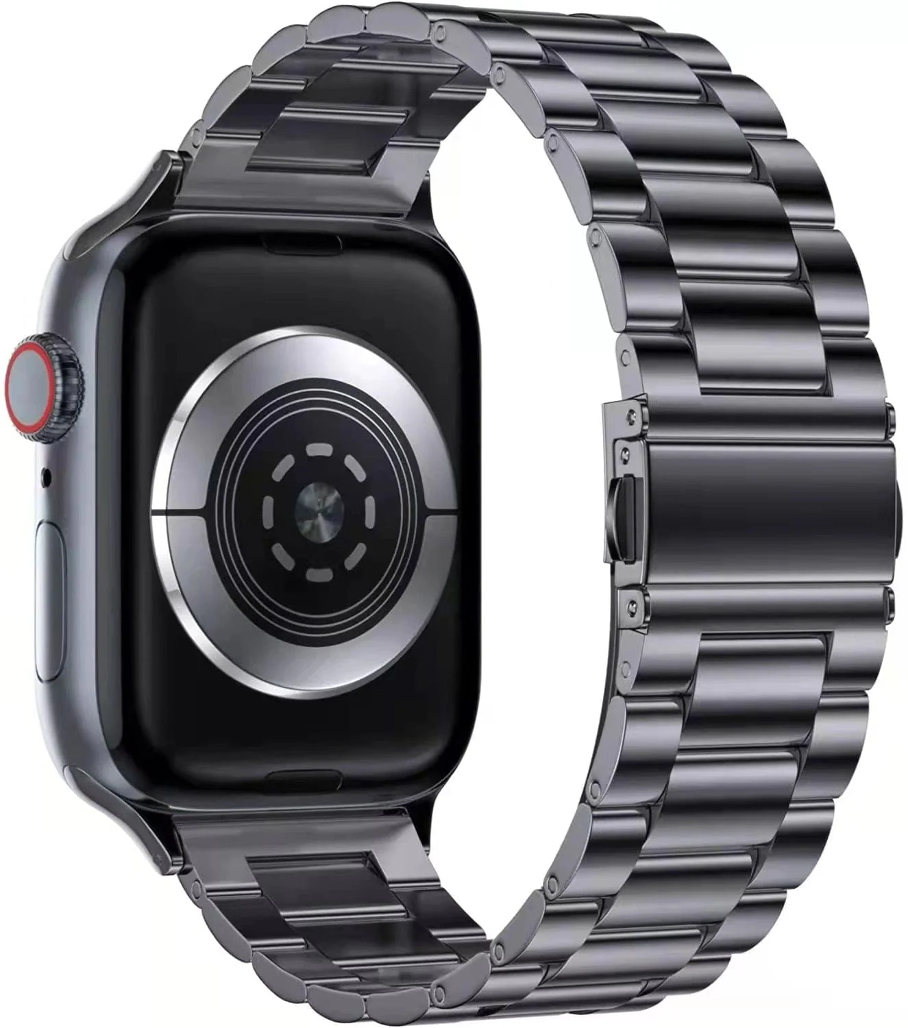 Black/Silver Metal Apple Watch Band with Folding Buckle - Image 7