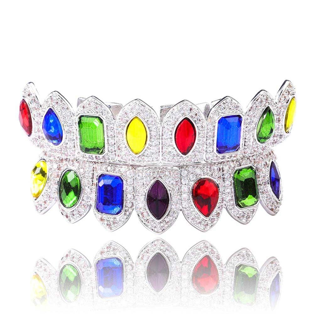 Multi Colored Stone Paved Iced Out Fangs Grillz - Image 2