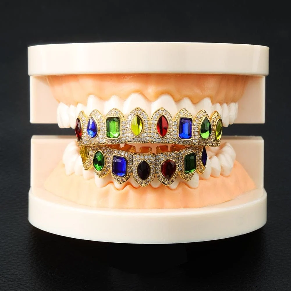 Multi Colored Stone Paved Iced Out Fangs Grillz - Image 9