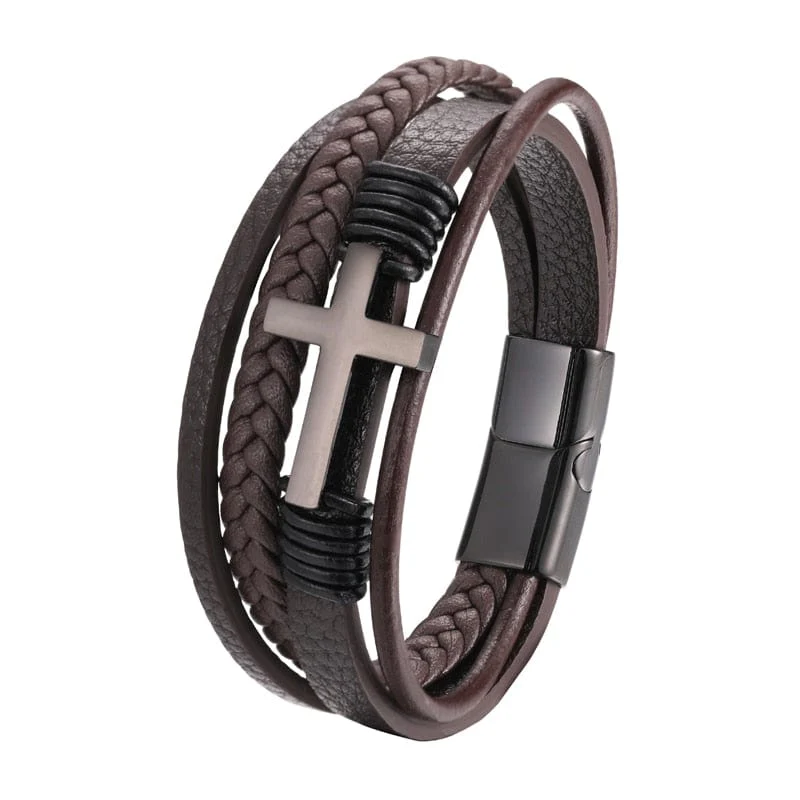 Multi-Layer Cross Leather Bracelet - Image 3