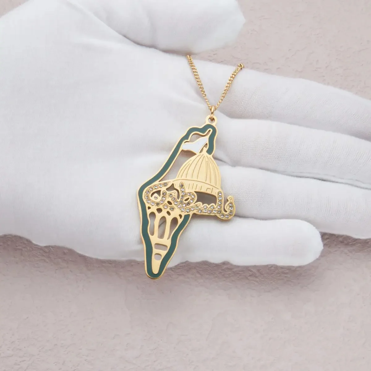Palestine Dome Map Stainless Steel Pendant Necklace with Diamond Accents - Image 4