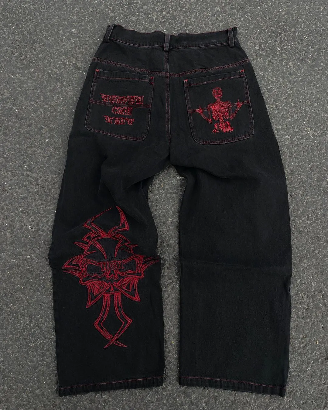Retro Skull Embroidery Baggy Denim Pants - Image 14