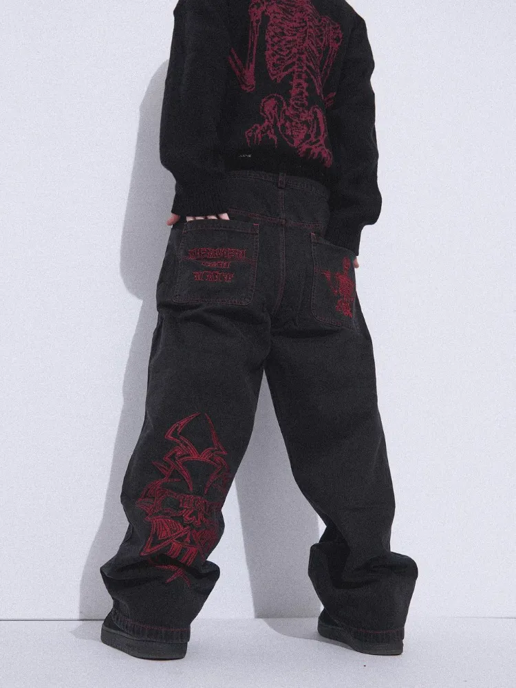 Retro Skull Embroidery Baggy Denim Pants - Image 16