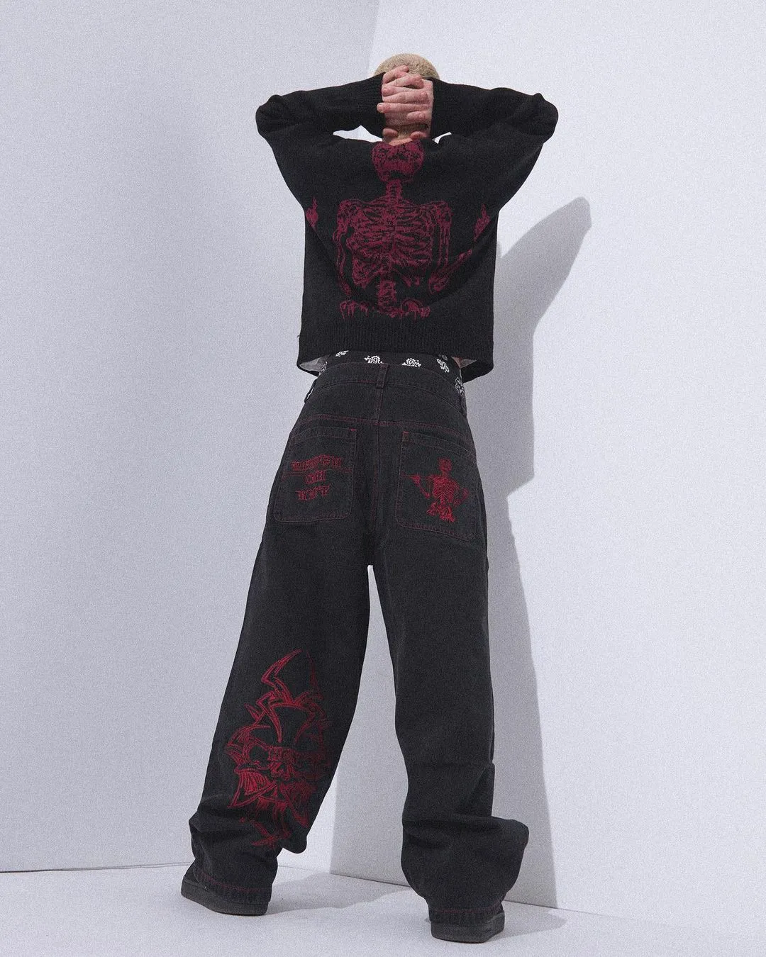 Retro Skull Embroidery Baggy Denim Pants - Image 2