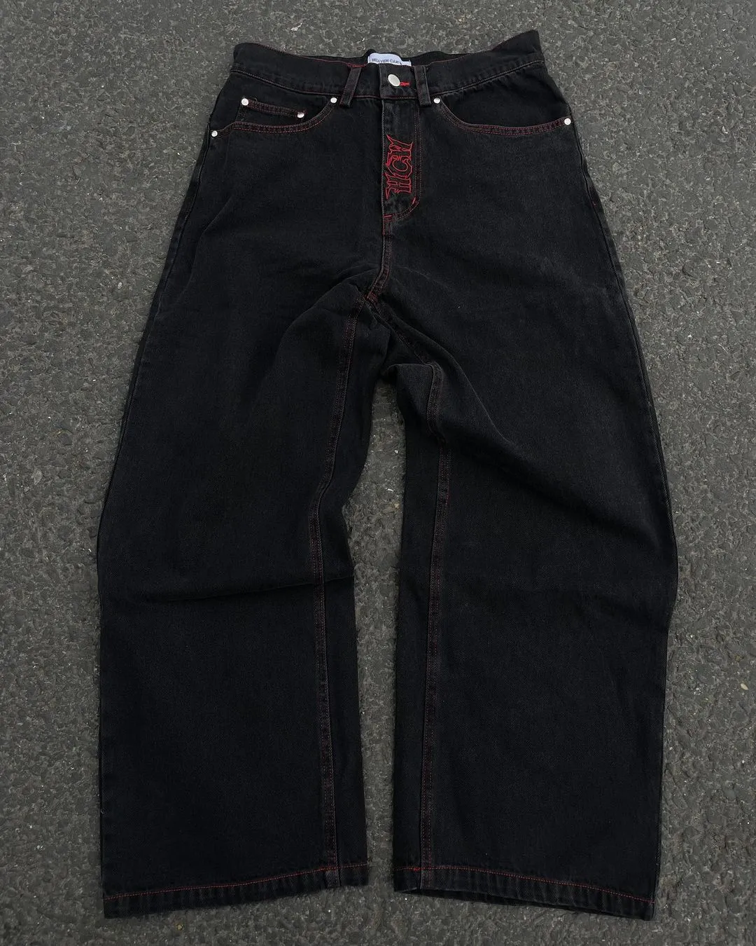 Retro Skull Embroidery Baggy Denim Pants - Image 3