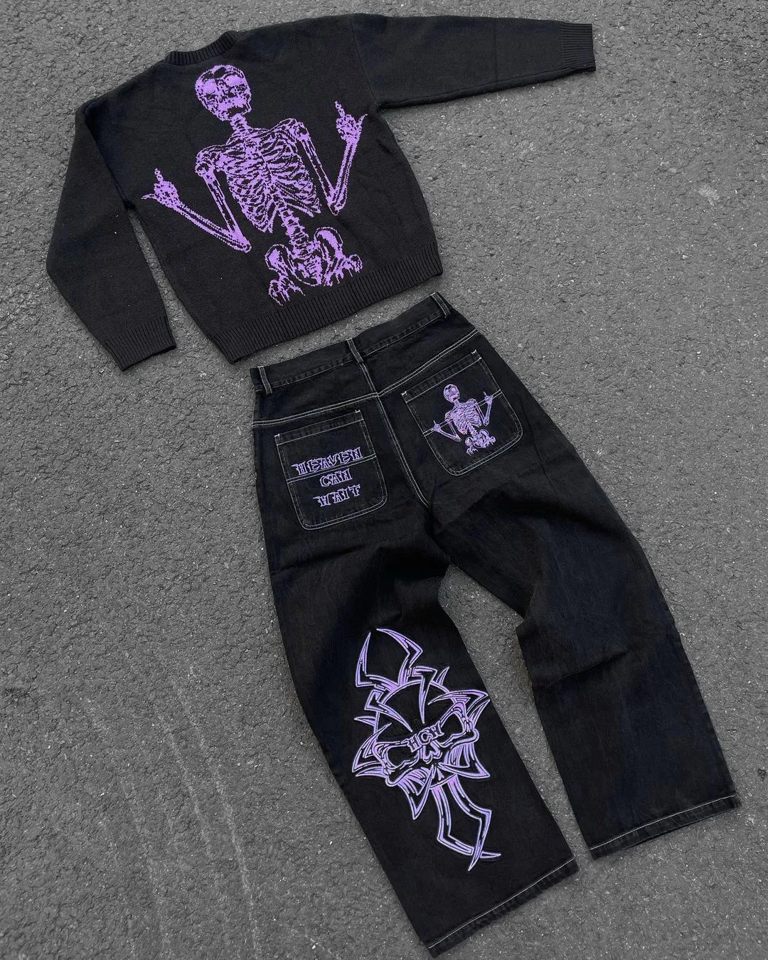 Retro Skull Embroidery Baggy Denim Pants - Image 5