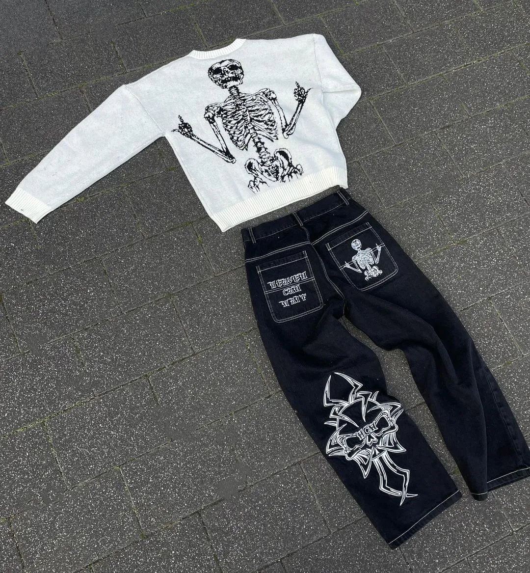 Retro Skull Embroidery Baggy Denim Pants - Image 6