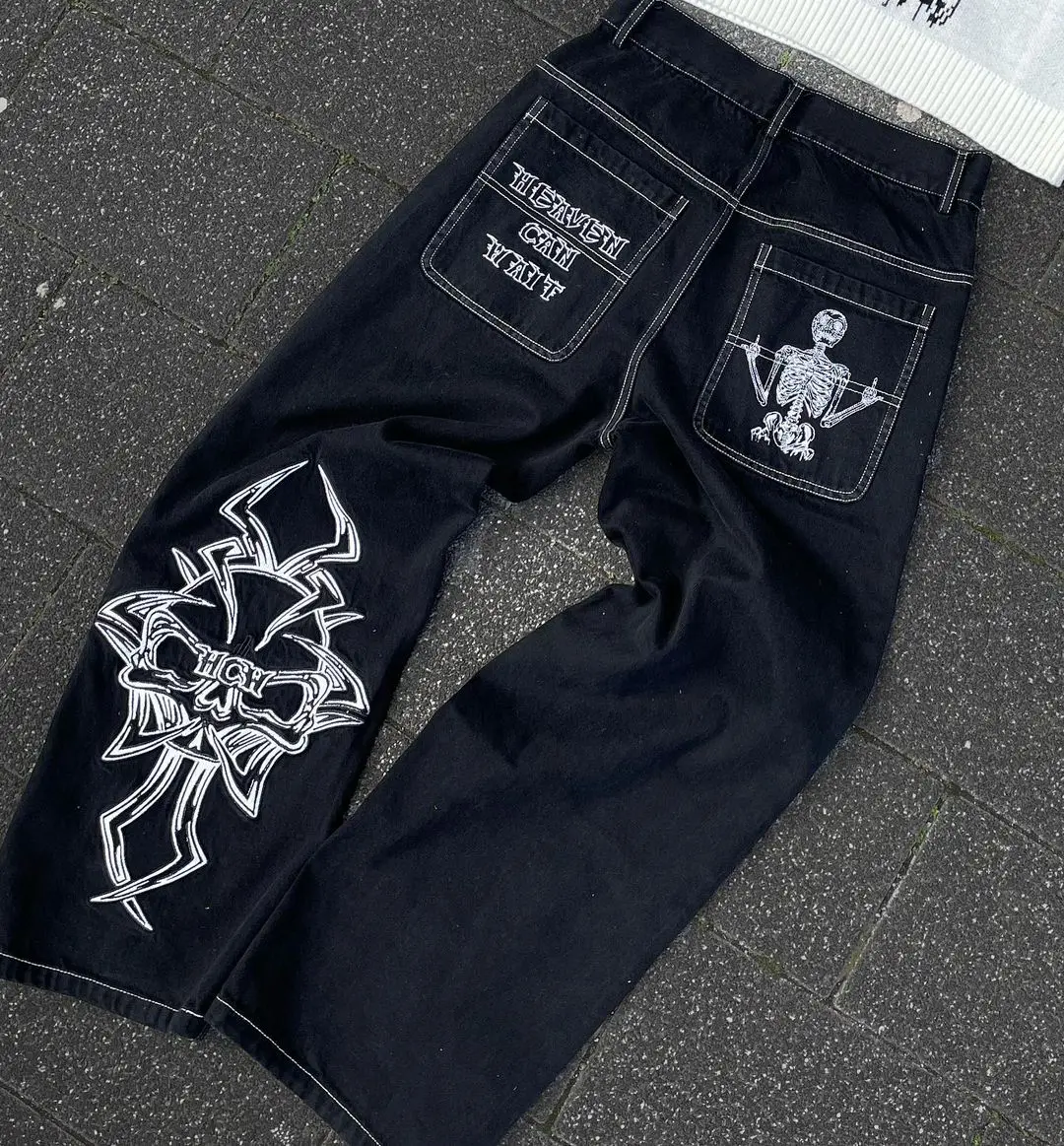 Retro Skull Embroidery Baggy Denim Pants - Image 7