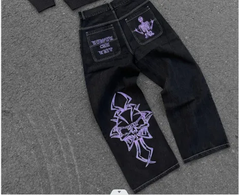 Retro Skull Embroidery Baggy Denim Pants - Image 8