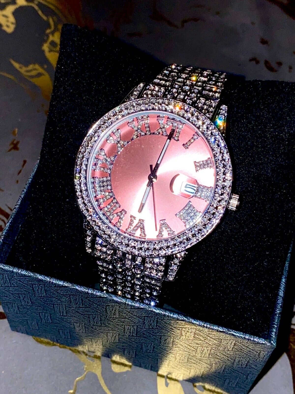 Rose Gold Dial Iced Watch - Image 2