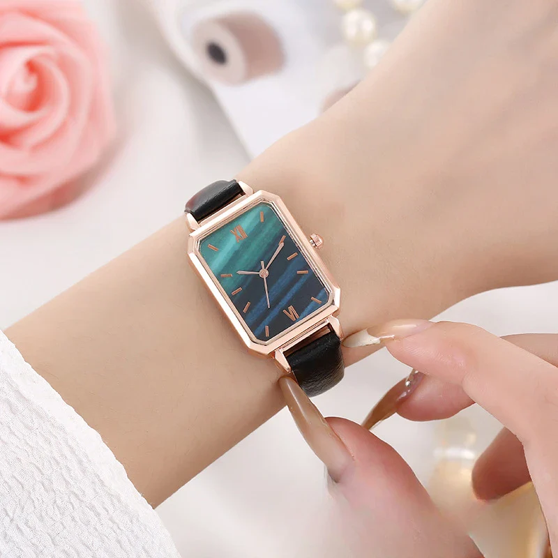 Timeless Malachite Stone Inspired Dial Leather Strap Square Women's Watch - Image 5
