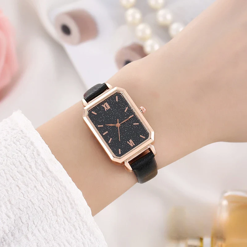 Timeless Malachite Stone Inspired Dial Leather Strap Square Women's Watch - Image 6