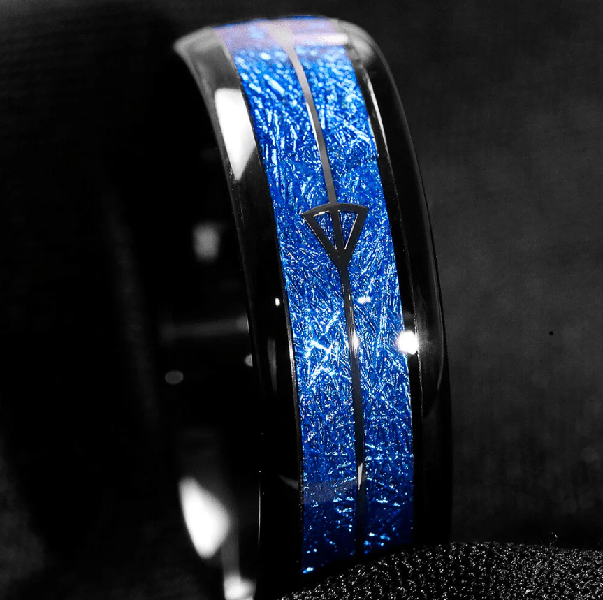Tungsten Carbide 8MM Black Ring Blue Meteorite Inlaid Arrow Wedding Jewelry - Image 2