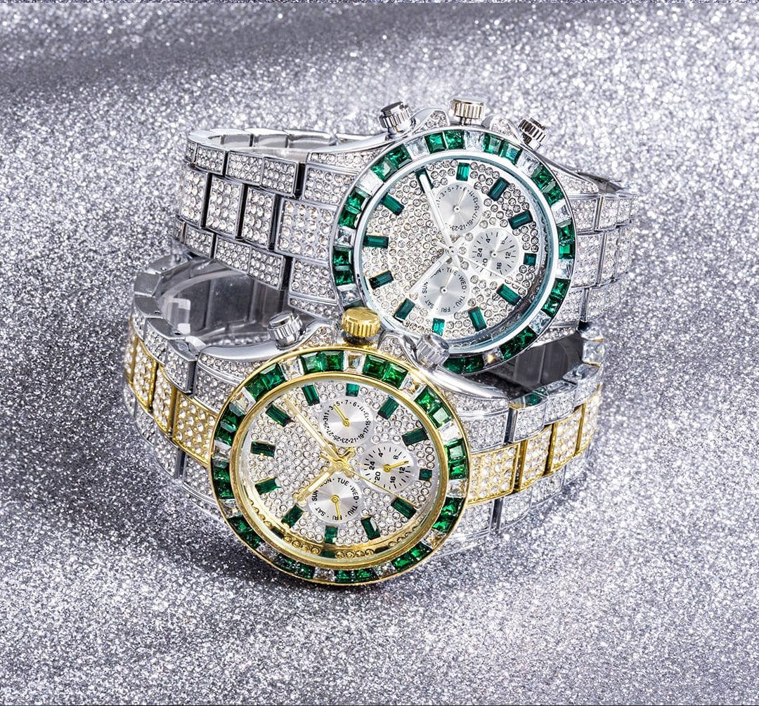 VVS Jewelry Two-Tone Green Iced Out Watch - Image 11