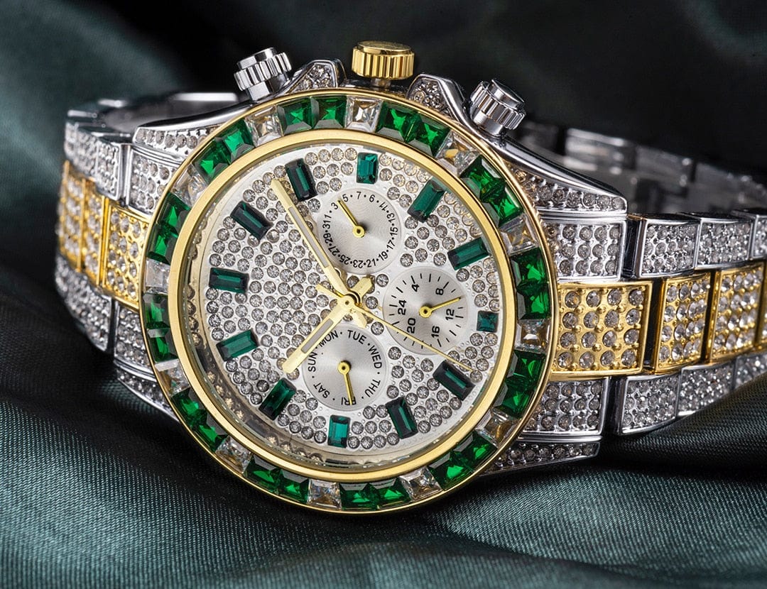 VVS Jewelry Two-Tone Green Iced Out Watch - Image 12
