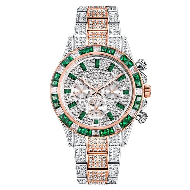 VVS Jewelry Two-Tone Green Iced Out Watch - Image 2