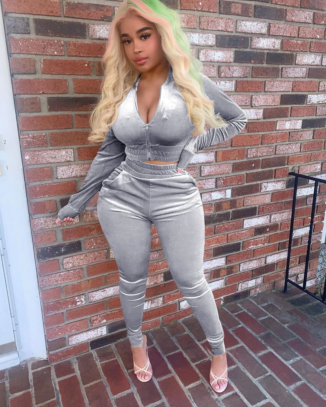 Velvet Hoodie Crop Top Tracksuit - Image 14