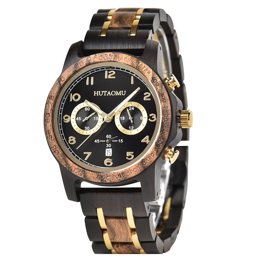 Vintage Chronograph with Luminous Hands & Calendar Wood Grain Men's Watch - Image 2