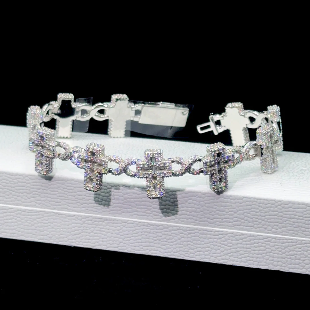 VVS 925 Sterling Silver Moissanite Baguette Cross Cuban Bracelet