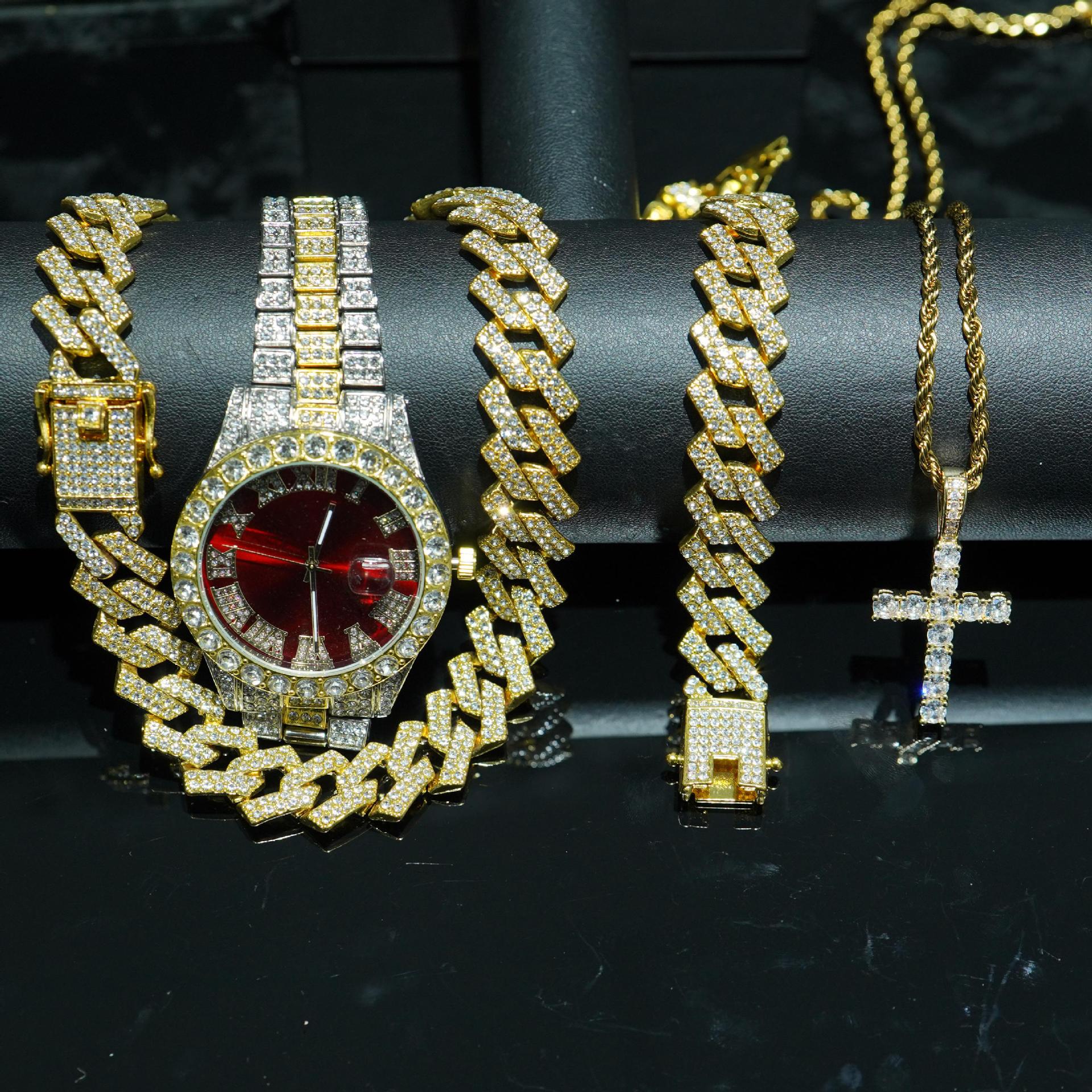 VVS Jewelry 4-Piece Iced Out Watch & Cuban Chain, Bracelet and Cross Bundle Set - Image 11