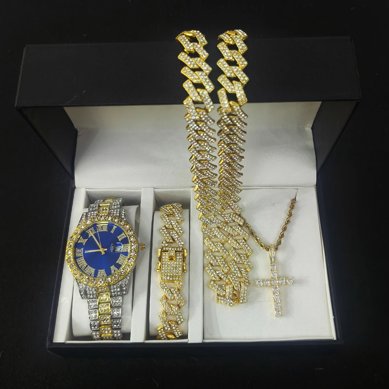 VVS Jewelry 4-Piece Iced Out Watch & Cuban Chain, Bracelet and Cross Bundle Set - Image 13