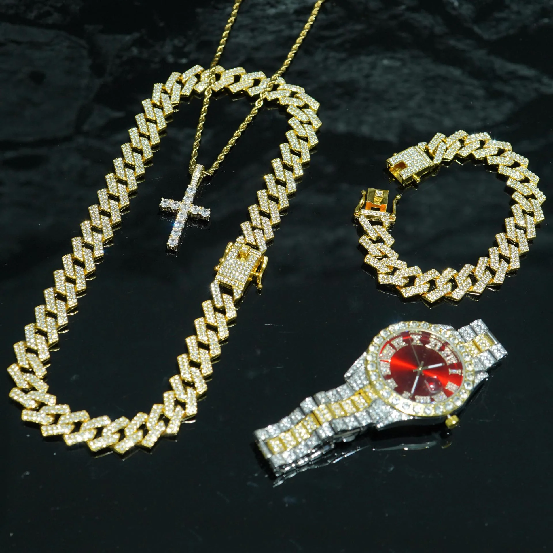 VVS Jewelry 4-Piece Iced Out Watch & Cuban Chain, Bracelet and Cross Bundle Set - Image 14