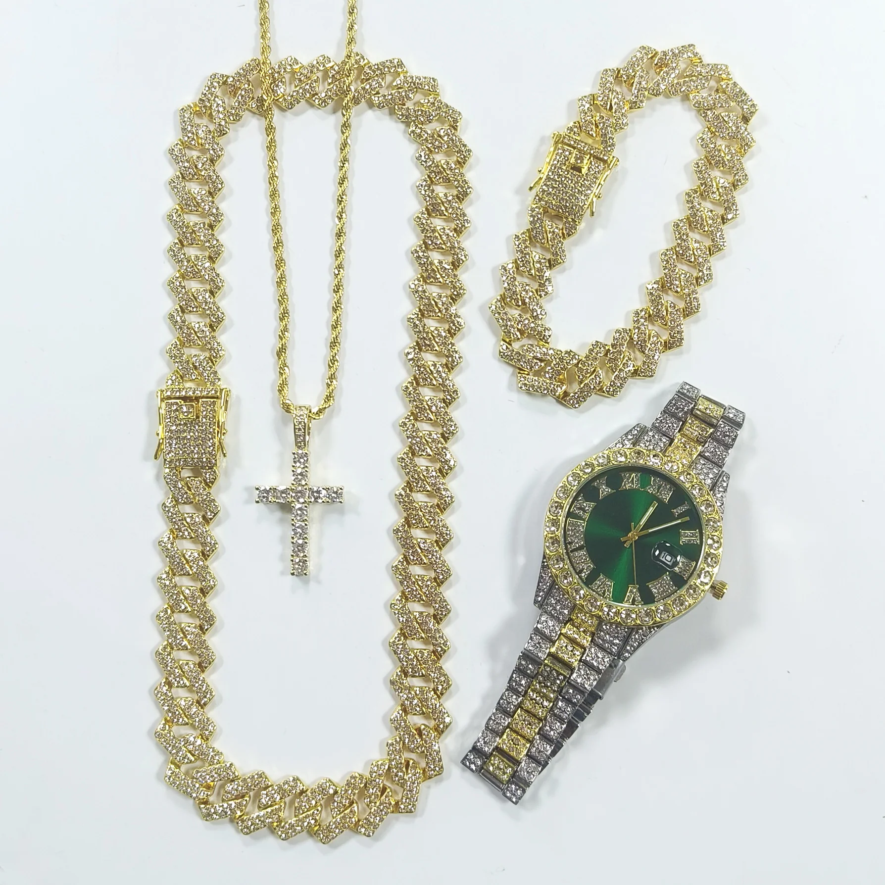 VVS Jewelry 4-Piece Iced Out Watch & Cuban Chain, Bracelet and Cross Bundle Set - Image 15