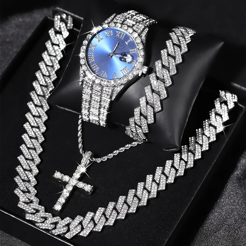 VVS Jewelry 4-Piece Iced Out Watch & Cuban Chain, Bracelet and Cross Bundle Set - Image 2