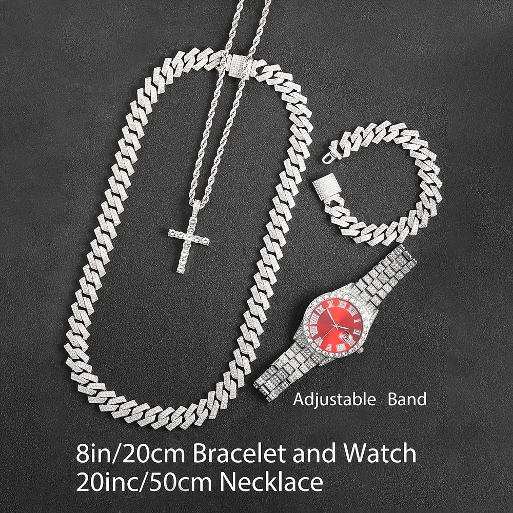VVS Jewelry 4-Piece Iced Out Watch & Cuban Chain, Bracelet and Cross Bundle Set - Image 3