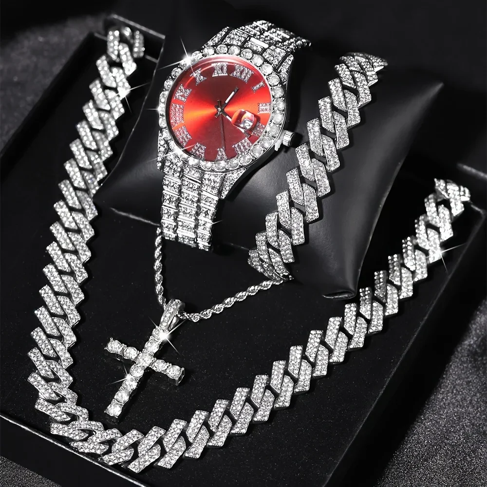 VVS Jewelry 4-Piece Iced Out Watch & Cuban Chain, Bracelet and Cross Bundle Set - Image 7