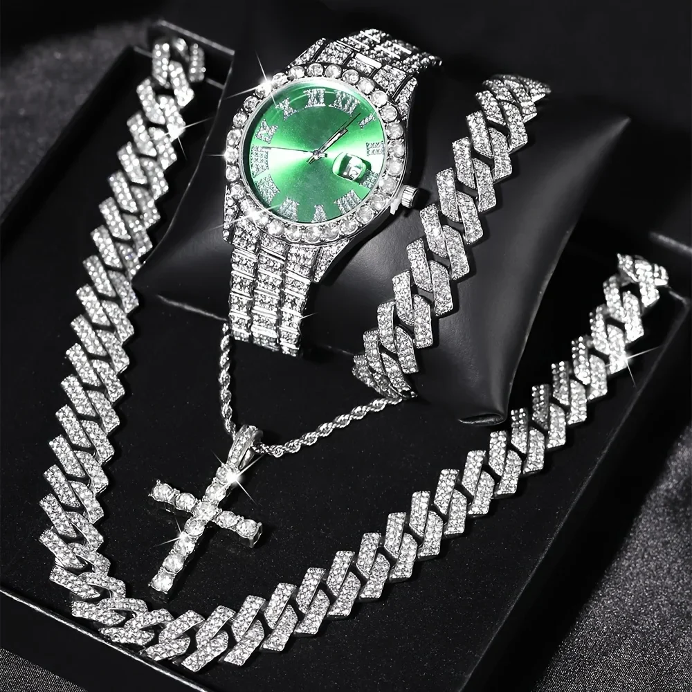 VVS Jewelry 4-Piece Iced Out Watch & Cuban Chain, Bracelet and Cross Bundle Set - Image 8
