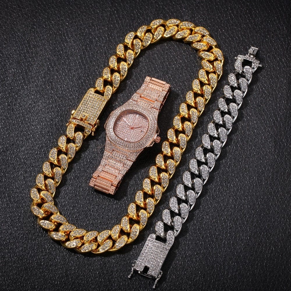 VVS Jewelry Cuban Chain & Cuban Bracelet + Free OG Bust Down Watch - Image 5